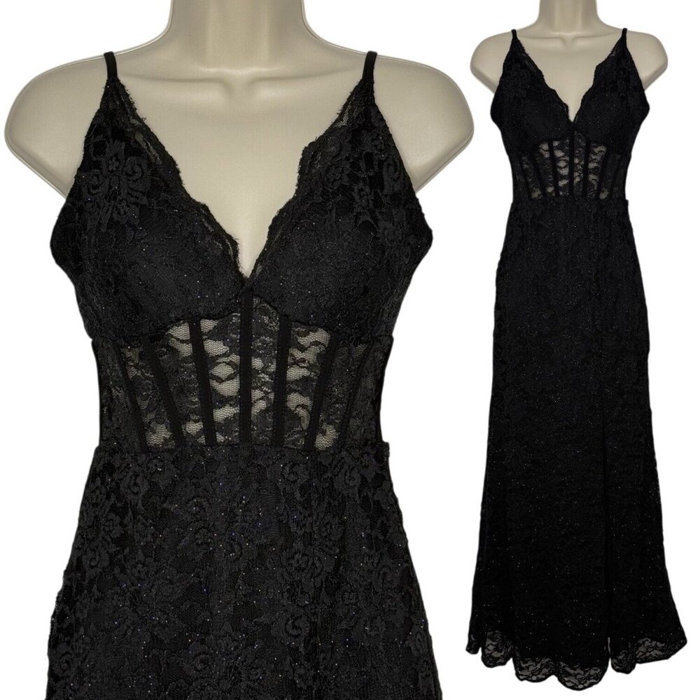 Morgan & Co Junior Lace Corset Black Prom Gown Dress Sz 3 Whimsigoth V Neck Slit - Picture 2 of 13